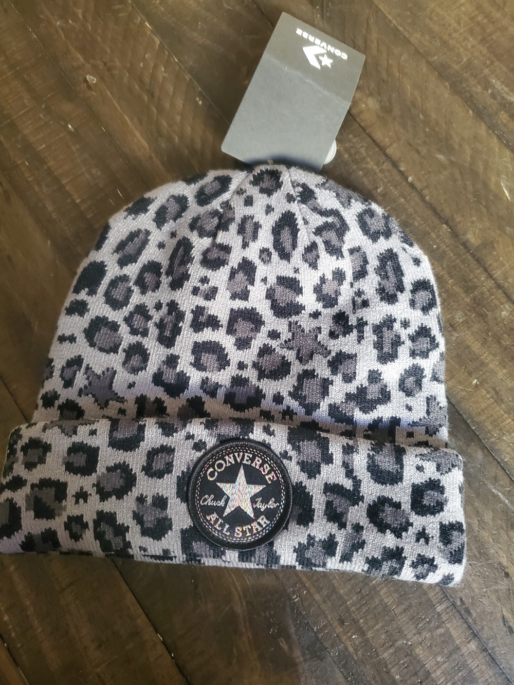 Converse Kids Leopard Print Cuffed Beanie - Light Gray and Black